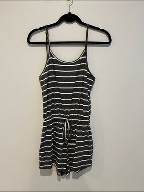 Striped Drawstring Romper - Black & White